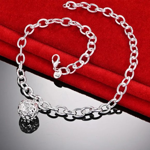 18 Inch O-Ring Chain With Hollowed & Carved Ball .925 Solid Sterling Silver! - Picture 5 of 7